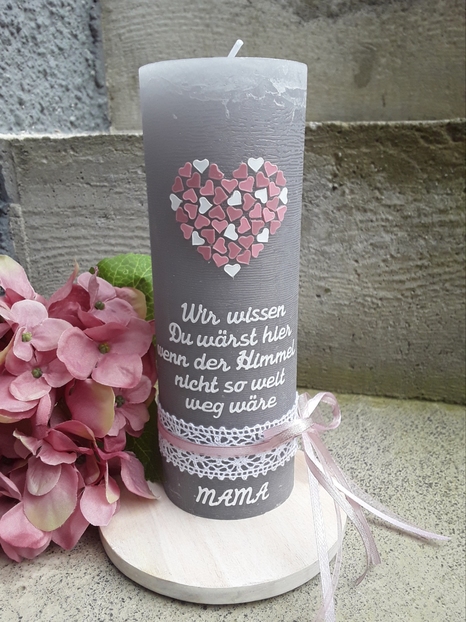 Personalisierte Gedenkkerze Trauerkerze rustic grau Hochzeit Erinnerungskerze Herzchen altrosa rosa weiss